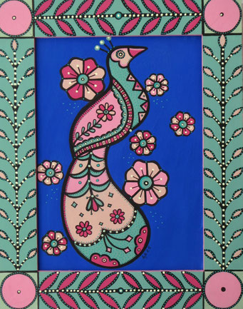 Peacock,  Acrylic on canvas, hand painted frame, cm31x39.5