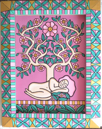Descanso, 2023, Acrylic on canvas, Hand painted frame, cm49x63.5