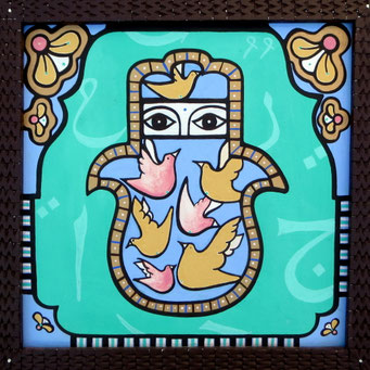 Hamsa (green), 2015, cm44.5x45, natural pigments on wood, hand carved pinewood frame.