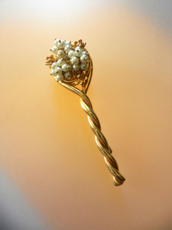 Airoldi made in Italy 925 sterling gold plated super chic long bar brooch - small cluster pearls and small golden flowers --art.366/5