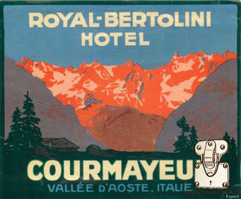 Etiquettes Hotels anciennes pour malle, valise courmayeu royal bertolini Vallée d'aste italie