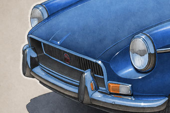 The 1970-1972 model years MGB drawing shows a detailed front end and blue sky reflection on the bodywork on the 16"X20" printed drawing