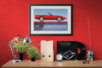 Voici le dessin imprimé de la Corvette cabriolet 1991 à 1994 en contexte décoratif d'un bureau à la maison