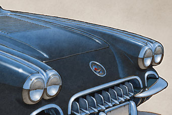 The 1958 Corvette drawing shows a highly detailed front end and blue sky reflection on the bodywork on the 16"X20"