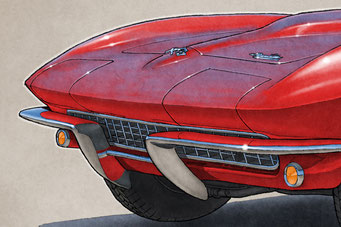 The 1966 model year Corvette drawing shows a detailed front end and blue sky reflection on the bodywork on the 16"X20" printed drawing