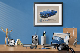 Une mise en contexte décoratif d'un bureau de maison avec le portrait dessiné de la MGB Roadster accroché au mur.