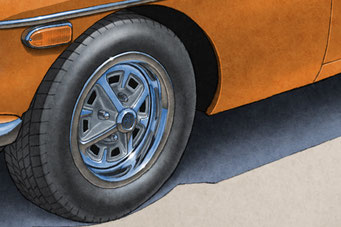 Tire treads and wheels are drawn with details on the MGB Vintage Looking Drawing.
