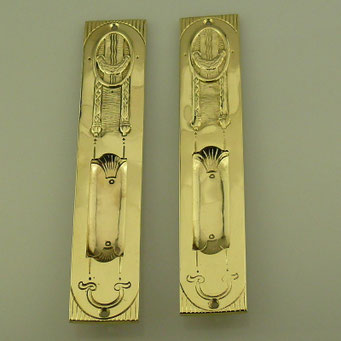 Nachguss Jugendstil Schiebetürmuscheln nach Kundenmuster, Messing massiv mit polierter Oberfläche - nachguss.de
