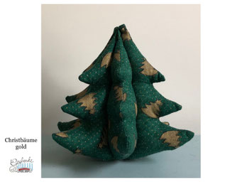 Stoff-Weihnachtsbäumchen in 3D - grüner Stoff mit goldenen Christbäumen - Dekobaum