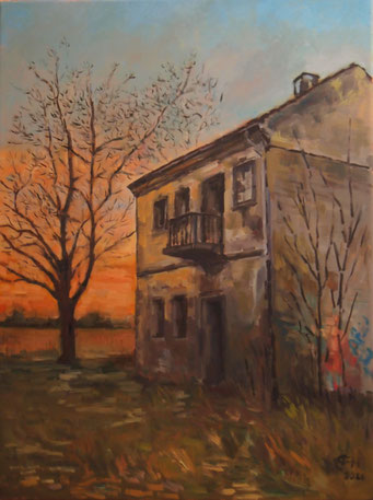 Old House With Setting Sun  Öl/Lwd.60x80cm