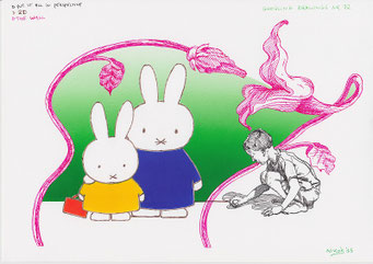 Google Drawings — Google drawing 72 — two rabbit figures beside a child drawing on the ground, surrounded by a winding plant.