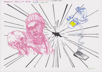 Google Drawings — Google drawing 30 — figure with a skull and a Lego astronaut connected by a cable around a central explosion-like form.