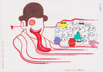 Google Drawings — Google drawing 21 — caricature figure with bowler hat and long tongue; on the right a group of small colorful blob-like characters.