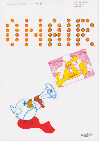 Google Drawings — Google drawing 75 — dots forming the word “ON AIR?” above a bird holding a megaphone.