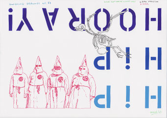 Google Drawings — Google drawing 57 — reversed letters with a bird skeleton above four robed figures.