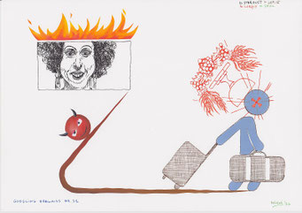 Google Drawings — Google drawing 31 — face with flames above the head; a small devil on a branch and a figure walking away with suitcases.
