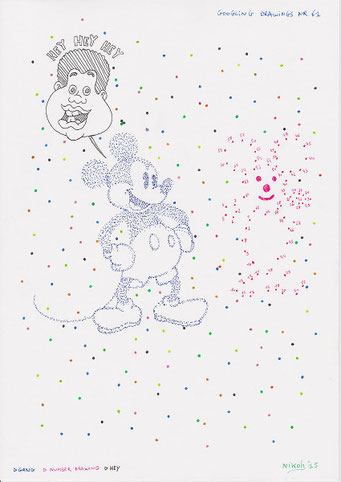 Google Drawings — Google drawing 61 — dotted Mickey-like figure surrounded by colorful dots with speech bubble “HEY HEY HEY”.