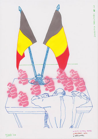 Google Drawings — Google drawing 10 — two Belgian flags on a table with pink shapes; a man leaning with his head on the table.