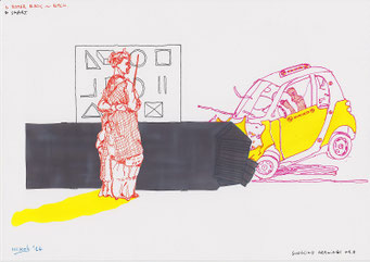 Google Drawings — Google drawing 8 — woman with a staff in front of a board with geometric shapes; on the right a small damaged yellow car.