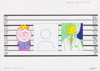 Google Drawings — Google drawing 64 — three figures in a lineup against a height chart, including a figure with a cheese head.