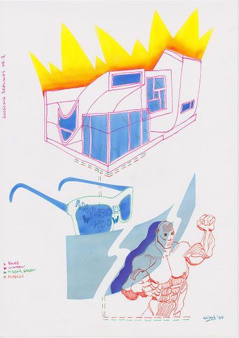 Google Drawings — Google drawing 2 — house with blue windows and yellow flames above it, below sunglasses labeled “Anabolic Window” and a muscular figure.
