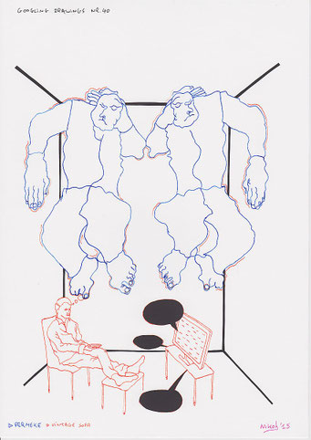 Google Drawings — Google drawing 40 — two mirrored reclining figures above a conversation between a seated man and a television screen.