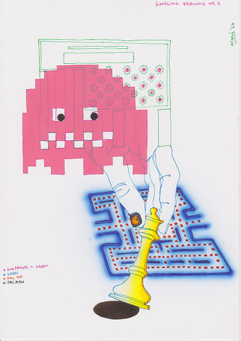 Google Drawings — Google drawing 4 — pink pixel-like figure above a maze, a hand moving a chess piece.