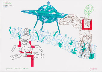 Google tekeningen — Google Drawings — Google tekening 45 — vliegende schotel boven een landschap met een zittende figuur en een klassieke sculptuur met vleugels.