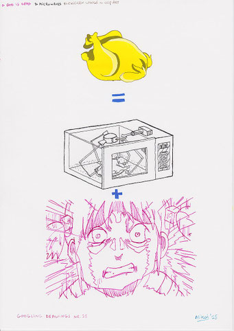 Google tekeningen — Google Drawings — Google tekening 38 — magnetron met een kip erboven en daaronder een geschrokken stripachtig gezicht.