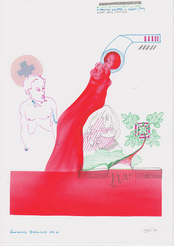 Google Drawings — Google drawing 1 — red foot emerging from a mechanical device, a line drawing of a man on the left and a female portrait below.
