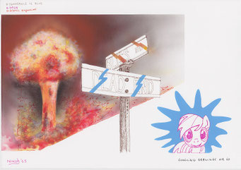 Google tekeningen — Google Drawings — Google tekening 60 — explosie naast een straatbord met “Bliss Rd / Dead End” en een cartoonpony.