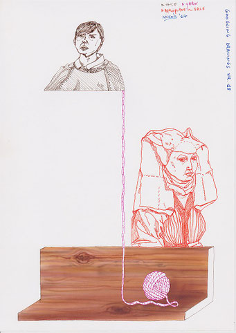 Google tekeningen — Google Drawings — Google tekening 18 — portret van een jongen linksboven, rechts een historische figuur; een draad loopt naar een bol wol op een houten blok.