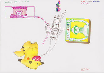 Google Drawings — Google drawing 13 — Pikachu with a cable and a lollipop; on the right a robot in a frame with the word “APPLAUSE”.
