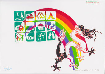 Google Drawings — Google drawing 76 — camping pictograms beside a rainbow and a Chinese dragon.
