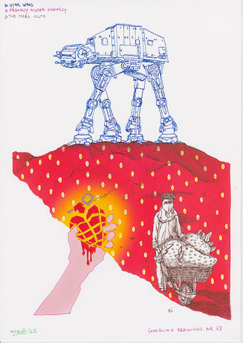 Google Drawings — Google drawing 73 — four-legged machine above a red landscape with a hand holding a glowing grenade.
