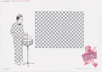 Google tekeningen — Google Drawings — Google tekening 62 — man die op een trommel slaat naast een groot schaakbordpatroon en een rennende figuur met hetzelfde patroon.