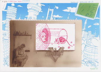 Google tekeningen — Google Drawings — Google tekening 67 — futuristische stad met een scherm waarop een scène met een muis en een figuur verschijnt.