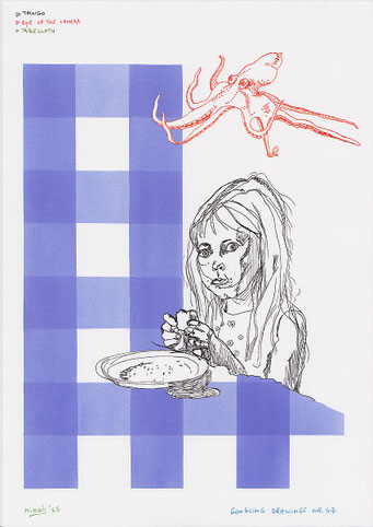 Google Drawings — Google drawing 47 — girl at a table with a plate of food and a floating octopus above.