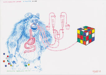 Google Drawings — Google drawing 55 — furry monster connected to medical equipment and a Rubik’s cube.