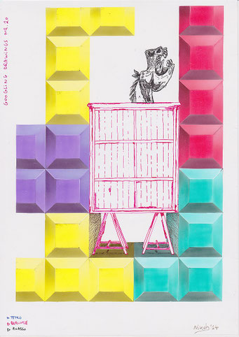 Google Drawings — Google drawing 20 — bird above a cabinet on an easel; surrounded by colorful blocks arranged in a Tetris-like structure.