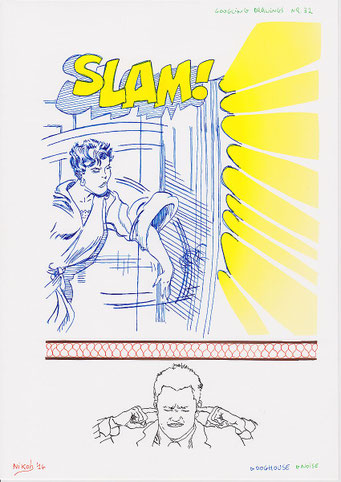 Google tekeningen — Google Drawings — Google tekening 32 — stripbeeld met het woord “SLAM!” en een vrouw bij een raam; onderaan een man die zijn oren dichtdrukt.