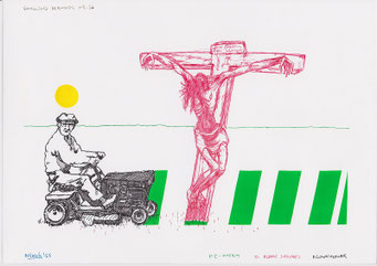 Google Drawings — Google drawing 36 — man on a riding lawn mower passes a crucifixion with a red drawn body on a cross.
