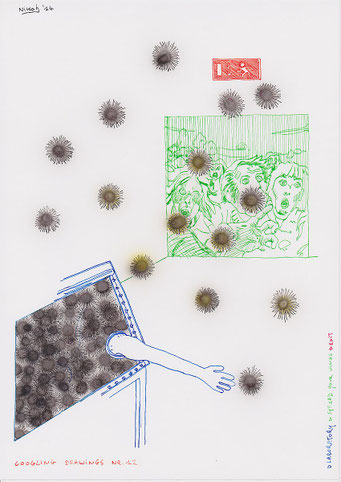 Google Drawings — Google drawing 12 — multiple burrs around an arm reaching from a container; on the right a screen with frightened faces.
