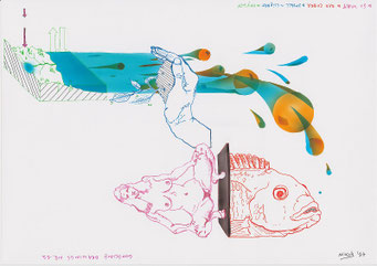 Google Drawings — Google drawing 11 — blue hand above a water landscape, below a nude woman and a large fish.