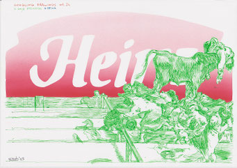 Google tekeningen — Google Drawings — Google tekening 34 — kudde dieren op een hek met groot woord “Heinz” op de achtergrond.