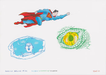 Google Drawings — Google drawing 41 — flying Superman above a surprised boy and a large reptile-like eye.