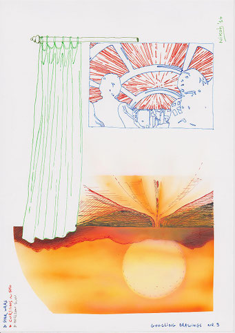 Google Drawings — Google drawing 9 — curtain next to a screen with two figures; below a landscape with a round sun and perspective lines.
