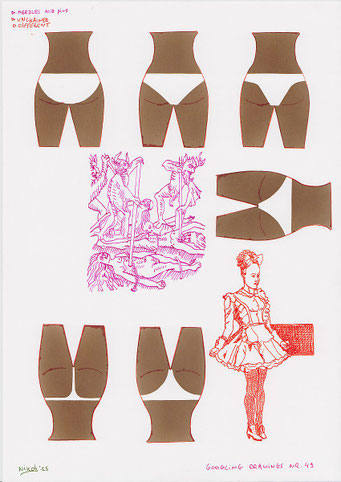 Google Drawings — Google drawing 49 — repeated shapes of hips and legs around a medieval scene and a dressed figure.