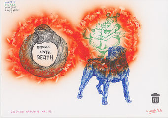 Google tekeningen — Google Drawings — Google tekening 79 — dierfiguren rond een vorm met de tekst “Repeat until death”.