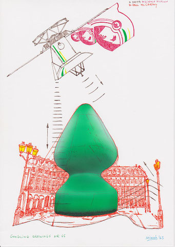 Google Drawings — Google drawing 65 — large green object placed on a square between buildings while a satellite hovers above.